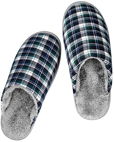 riemot Mens Slippers, Memory Foam Fluffy Comfort Slipper, Winter Warm Indoor Outdoor Shoes, Fur Collar Fleece Lined & Terry Cloth House Slippers, Blue EU 46-47/UK 12-13