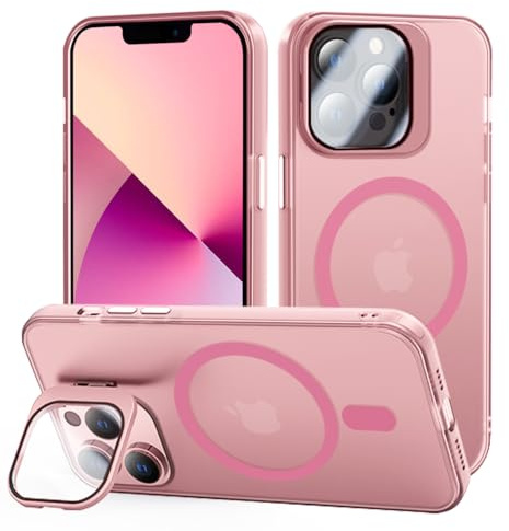 tigratigro Cover con Cavalletto,Compatibile con iPhone 13 Pro,Protezione Fotocamera H9 vetro temperato,Custodia Posteriore Glassata Traslucida, Anti-Impronte,Sensazione di Velluto (Sakura Pink)