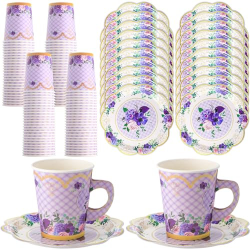 Tioncy 100 Pcs Tea Party Decorations Include 50 Pieces 9 oz Paper Tea Cups with Handle and 50 Plates Disposable Teacups and Saucers Sets for Birthday(Flower)