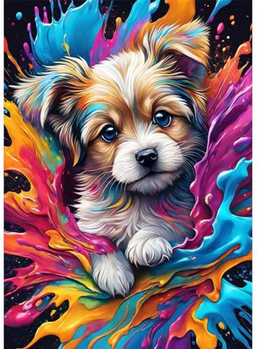 DOMROM Hund Diamond Painting, Tier Diamant Painting Bilder Erwachsene, Bunt Diamant Malerei Kits Kinder 5D Diamant Art Painting Strass Stickerei Malerei Painting Set für Home Décor 30x40cm