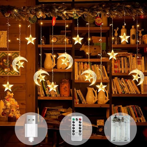 Woukksy Luces de Navidad 3,5M Estrellas y Lunas Cortina de Luces Navidad Exterior Interior Pilas/USB, 8 Modos Luces Navidad, IP44 Impermeable, Decoracion Navidad para Ventana, Balcon