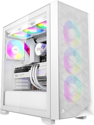 PCCOOLER CPS C3D510 ATX Gaming Gehäuse mit Glas-Seitenteil – 3X 120mm ARGB Lüfter vorinstalliert, unterstützt 360mm Wasserkühlung, Staubfilter – Weiß