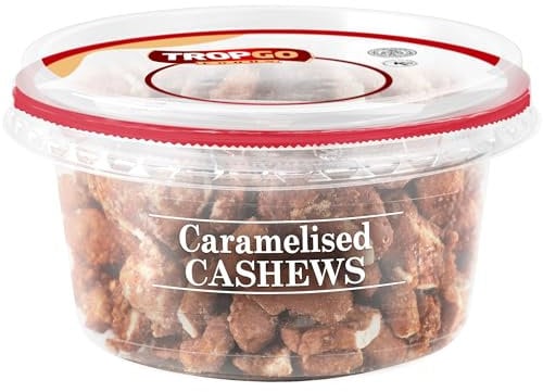 Tropgo Caramelised Cashews 180 Gr - Sweet Nuts in a Resealable and Recyclable Nut Tub - Healthy Nuts Trail Mix with Fibre Protein and Essential Minerals