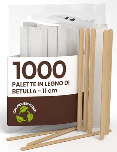 1000 Palette Lunghe da Caffè e Cappuccino Monouso in Legno di Betulla da 11cm - Biodegradabili, Compostabili, Imbustate Singolarmentee Resistenti al Calore per Mescolare Caffè e Bevande