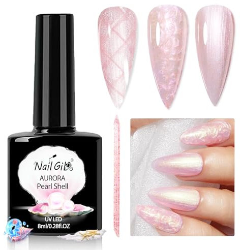 NAILGIL Pearl Gel Nail Polish, Aurora Shimmer Pink Mermaid Gel Polish Nail Drawing Soak Off Led Salon Home Manicure Swirl Shell Thread Pearlescent Iridescent Effect-03