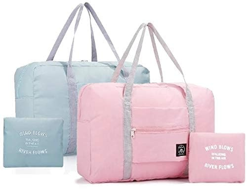 INVODA 2PCS Foldable Travel Bag Tote Carry on Luggage Bag Spirit Airlines Personal Item Sports Gym Bag Water Resistant Weekender Overnight Bags for Women and Men (Pink+Green)