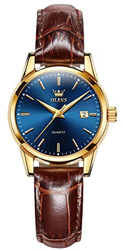 OLEVS Montre à quartz analogique pour femme - Bracelet en cuir marron - Cadran bleu/noir/blanc - Montre pour femme lumineuse et étanche avec calendrier, Cuir marron et cadran bleu