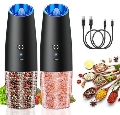 Black Electric Salt and Pepper Grinder Set,Haomacro USB Rechargeable Pepper Mill Salt Grinder,Electric Pepper Grinder with Adjustable Coarseness,Refillable Salt and Pepper Shakers with LED Light