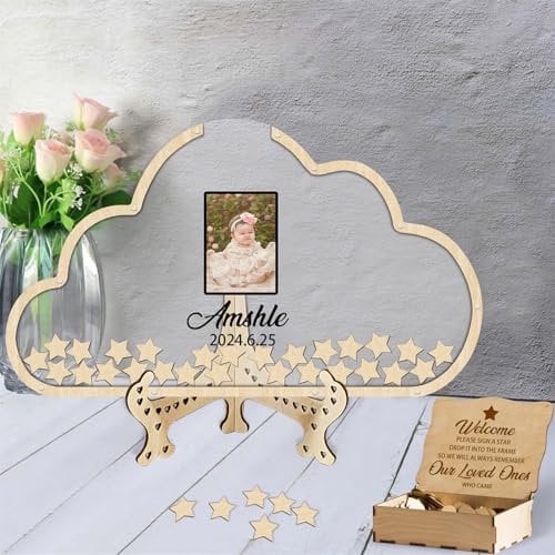 Personalisiertes Wolken-Babyparty-Gästebuch, Alternativen, individuelles Gästebuch für Babypartys, mit 30–100 Holzstern, Babyparty-Schild, Bilderrahmen, Babyparty, Geburtstag, Andenken