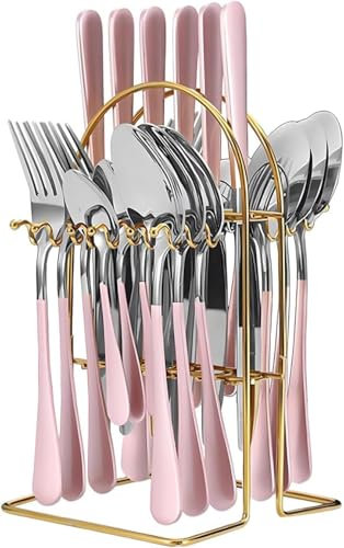 24 Pieces Flatware Set, Stainless Steel Cutlery Set with Silverware Holder Spoons Forks Knives, Utensils Set Service for 6 People, Silverware Set for Wedding Birthday Parties Restauroom (Silverpink)