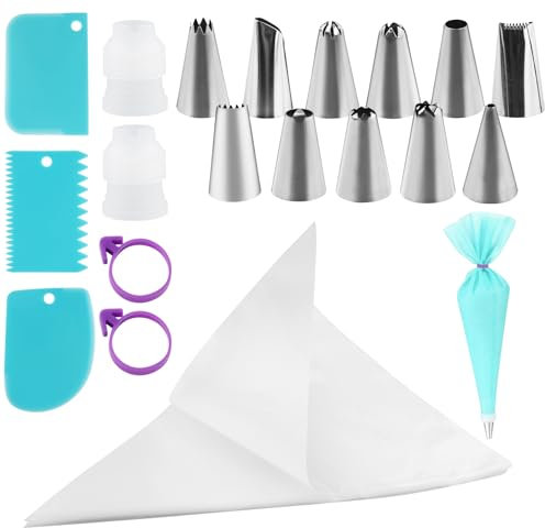 Piping Bags and Nozzles Set, 110 Pcs 12 Inch Pastry Bags, Icing Bags Disposable for Cakes Decorating Kit with 1 Reusable Piping Bags, 2 Couplers, 12 Frosting Nozzles, 2 Bag Ties, 3 Cake Scrapers
