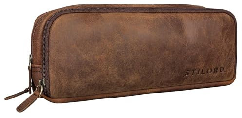 STILORD 'Flo' Leder Federmäppchen Groß echtes Rindsleder Mäppchen Vintage Pencil Case Stifte-Etui Retro Schlampermäppchen mit 3 Reißverschlüssen, Farbe:Zamora - braun