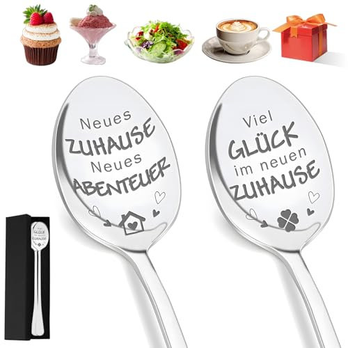 2 Stücke Kaffeelöffel mit Gravur, Hochglanzpoliert Dessertlöffel Teelöffel Mit Geschenkbox, Einweihungsgeschenk, Richtfest Geschenk zum Einzug Neues Zuhause Haus
