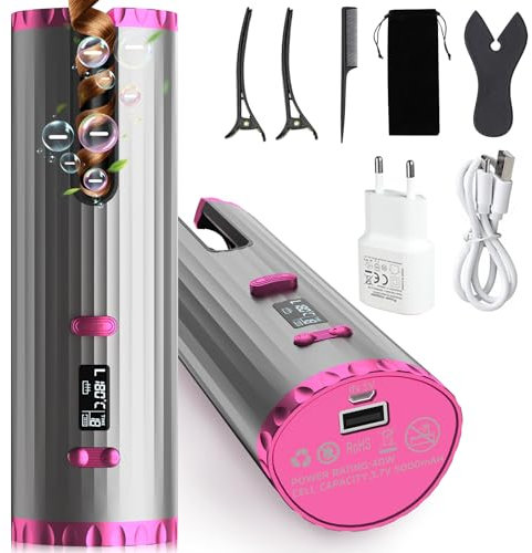 Rizador Automático, Rizador de Pelo Inalámbrico Rizador de Cabello Portátil Profesional, 6 Temperaturas y Temporizador, Recargable USB, Rizador Inteligente Anti-escaldado, para Cabello Largo y Corto