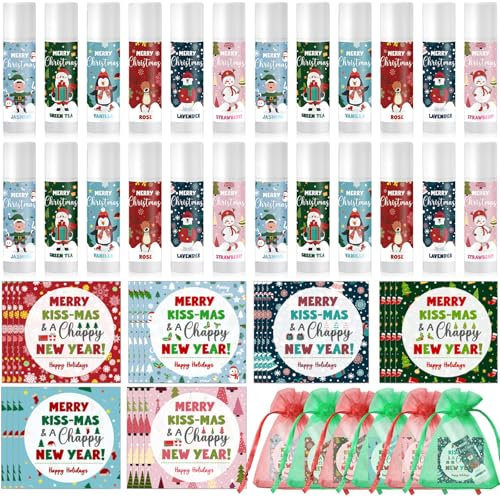 Queekay 24 Sets Weihnachten Lippenbalsam mit Weihnachtskarten Organzasäckchen Adventskalender 2025 Frauen Kundengeschenk Füllung Kleinigkeiten Kleine Geschenke für Kollegen Mitarbeiter Freunde Familie