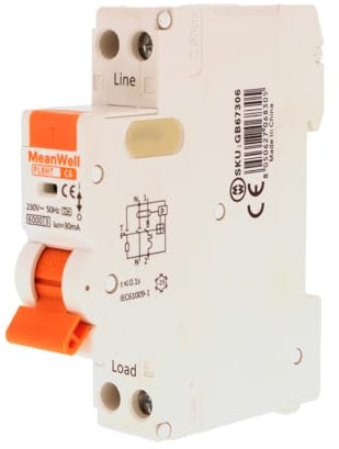 MeanWell Interruttore Magnetotermico Differenziale Tipo A 30mA 6000A, RCBO 1P+N C6 6A, Slim Da 1 Modulo DIN, Curva C 2 Poli 220V