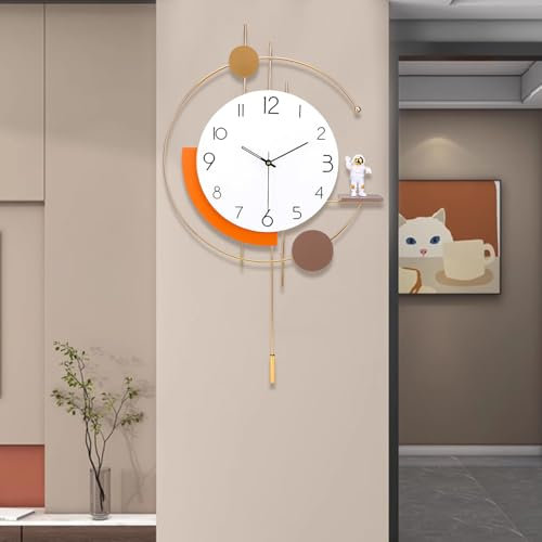 EMITDOOG Large Wall Clock for Living Room Decor - Modern Decorative Non-Ticking Pendulum Clock for Bedroom, Office, Kitchen - Silent Big Clock with 1 Ornament - 19.6 * 33.4 Inch Gold