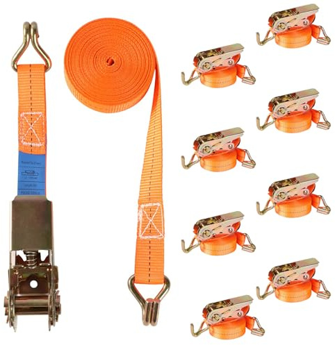 Baketron Spanngurte mit Ratsche und Haken 8er Set, 25mm breit 4m lang, bis 1000kg, Spanngurt orange, Zurrgurte für Ladungssicherung,TÜV/GS Geprüft,Zweiteilig Ratschen Set