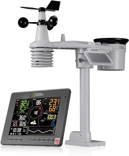 National Geographic Stazione meteo intelligente Tuya con sensore 7-in-1, controllo IoT, energia solare, monitoraggio qualità dell'aria, Wi-Fi