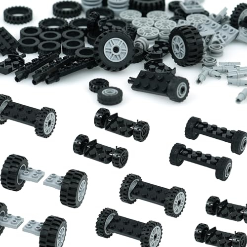 90er Räder und Achsen Zubehör für City Auto Reifen Fahrwerksteile Bausteine | Technik Reifen Felgen und Achs Set Kompatibel mit den wichtigsten Marken,Ideal Teile für Fahrzeugkonstruktionen