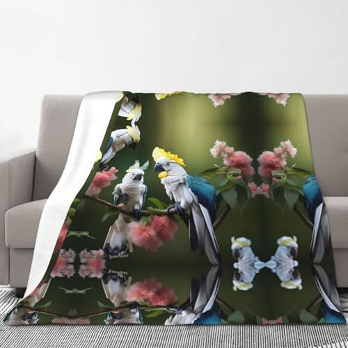 Schöne Frühlingsdecke, Kakadu, Vogel, Blumendruck, warm, gemütlich, 178 x 203 cm, Flanelldecke, weiche Bettwäsche für Sofa-Decke