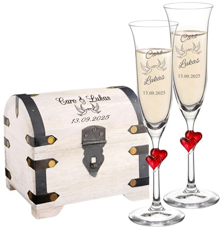 Coffret cadeau de mariage - Flûtes à champagne et coffre au trésor blanc avec gravure - Colombes - Personnalisable avec nom et date - Coffre en bois décoratif - Cadeaux de mariage pour couple de