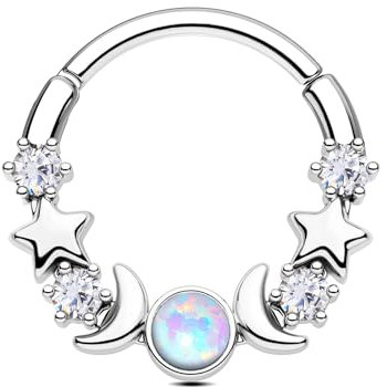 CM Crareesi Mania Moon Star Septum Piercing Schmuck Gold Silber 16G Septum Ringe mit Opal 316L Edelstahl Daith Piercing Schmuck Mond Septum Piercings Helix Daith Ohrring für Frauen, 8 mm, Opal