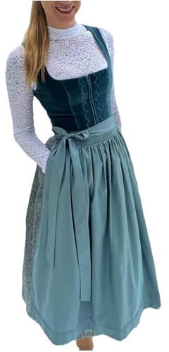 Dirndl mit Reissverschluss Vorne, Dirndl für Damen Lang Oktoberfest Outfit Große Größen Trachtenkleid Elegant Retro Kleider Festlich Dirndlkleid Einfaches mit Bindeseil U-Ausschnitt Dirndelkleider