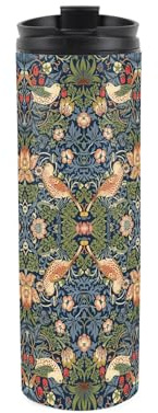 Blue Strawberry Thief Travel Flask - Morris Inspired Birds & Floral Tapestry Artwork Gifts - Reusable Stainless Steel Vacuum-Sealed Double-Walled 500ml Flask Mug with Lid