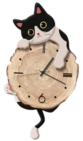 Milageto Katzen-Wanduhr, dekorative Uhr mit schwingendem Schwanz, geräuschloses Wandornament für Wohnzimmer, Heimdekoration, Einweihungsgeschenk, Schwarz-Weiss