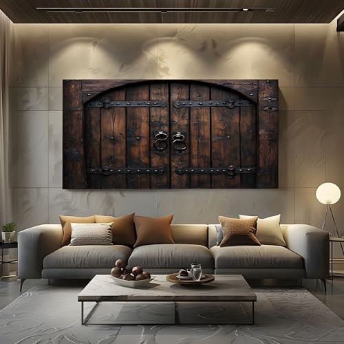 ZORYAN Retro Landhaus Holztür Wandbilder Dekoration Wohnzimmer Leinwand Bilder Braun Leinwandbild Schlafzimmer Deko, Wandbilder, Groß Kunstdruck Art Wanddeko Bild Decor Canvas 70x140 cm