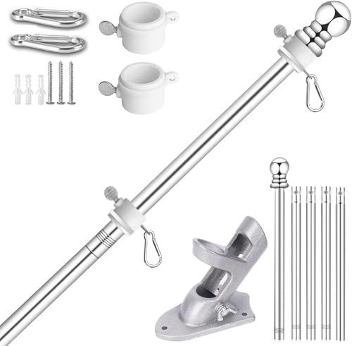 NKFOOPDU 6 FT Wall Mounted Flag Pole, Adjustable Stainless Steel Flag Pole Kit with Holder, 360° Tangle Free Wall Mounted Flagpole for Outside House Garden Commercial (White)