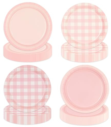 EVYIENEN Lot de 48 assiettes jetables en carton rose pour dessert d'anniversaire, 17,8 cm, avec motif à carreaux pour anniversaires, fêtes prénatales, mariages, camping et fêtes à thème, 4 designs