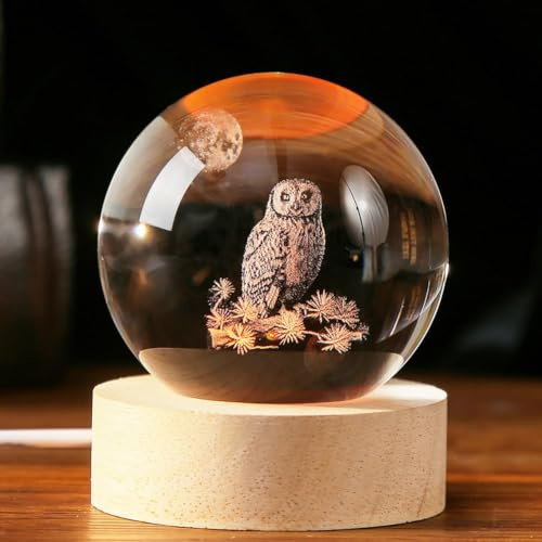 Sunwuun 3D Kristallkugel Nachtlicht, Eule Geschenke mit Holzsockel, USB-Stromversorgung, Eule Ornament Kristallkugel Briefbeschwerer (Eulen)