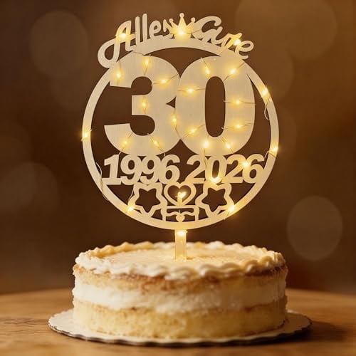Tortendeko 30 Geburtstag Frau Mann 1996-2026, Seutgjie Deko 30. Geburtstag Jubiläum Hochzeitstag Cake Topper Perlenhochzeit Holz mit LED Lichtern Tortenaufleger Blumenstecker