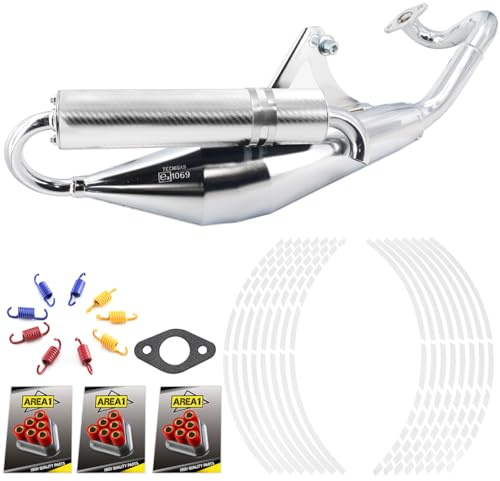Area1 Sport Auspuff Set Tecnigas Q-Tre Schalldämpfer Chrom passend für liegende 50ccm 2Takt Peugeo. Motoren z.B. Speedfight 3 Speedfight 4 JetForce C-Tech + Gratis Tuning Zubehör