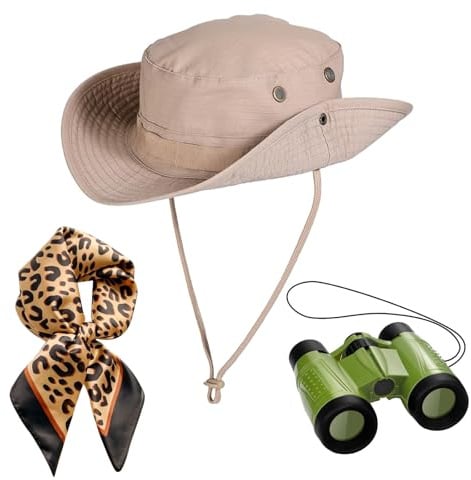 Topzora Safari Kostüm Damen Set – 3-tlg. Dschungel Outfit Zubehör mit Safari Hut, Mini Fernglas & Leo-Schal – Jägerin & Tierpfleger Kostüm Accessoires für Karneval