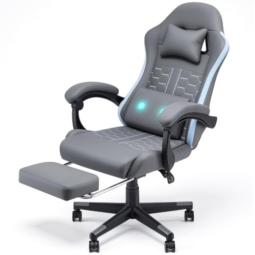 Warmiehomy Gaming Chair with Massage, Computer Chair with Footrest, Grey | Gaming Chairs for Adults, Ergonomic PC Chair with Headrest and Lumbar Support Reclining Gaming Chairs 360° Swivel Leather