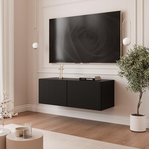 IDOHOME TV Lowboard hängend mit LED und 2 Fächern 100 cm Schwarz Matt | 100 x 40 x 36 cm, Laminierte Platte, Mehr Stauraum, Push to Open, TV Zubehör, LED Beleuchtung