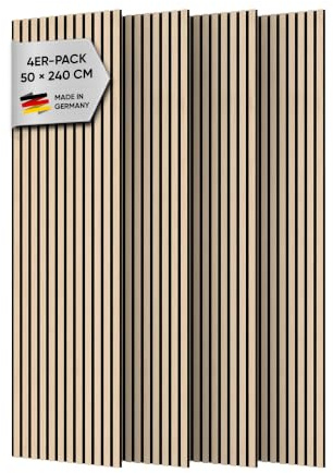 IZODEKOR Akustikpaneele Holz, 3D Akustik Wandpaneel - 4 Stück, 50x240 cm - Wandverkleidung aus Holzleisten, Dekorative Wandpaneele aus Holz, MDF-Paneele | White Oak
