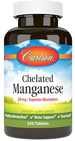 Carlson - Chelated Manganese, 20 mg - Superior Absorption, Healthy Metabolism, Bone Support & Brain Health, 250 Tablets