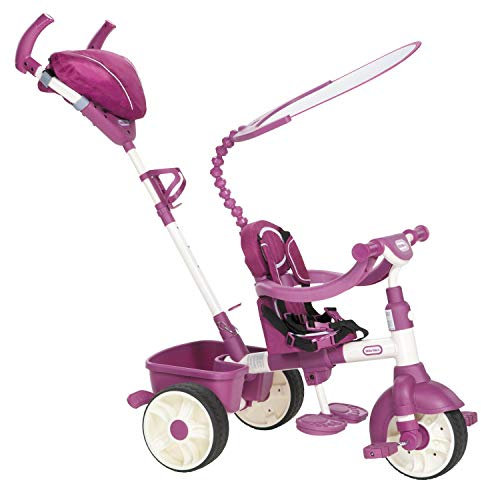 Little Tikes Triciclo 4 in 1 Edizione Sport. Quattro Fasi di Crescita. Con Manico, Manubrio e Sedile Regolabili con Cintura, Tettino di Protezione. Da Montare. Adatto dai 9 Mesi. Rosa e Bianco