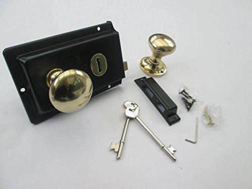 IRONMONGERY WORLD® Solid Polished Brass Old Vintage Period Victorian Style Black Rim Lock Door KNOB Handles (Rim KNOB+KNOB Polished Brass)