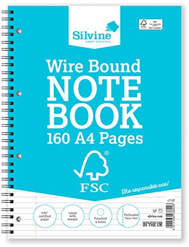 Silvine A4 Everyday FSC Twin Wire Notebook - Lined with Margin, 160 Pages of FSC Certified Paper. Ref FSCTW80 [Pack of 5]