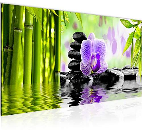 Runa Art Wandbild Orchidee Feng Shui 1 Teilig 100 x 40 cm Modern Bild auf Vlies Leinwand Steine Spa Wohnzimmer Schlafzimmer Violett 502012b