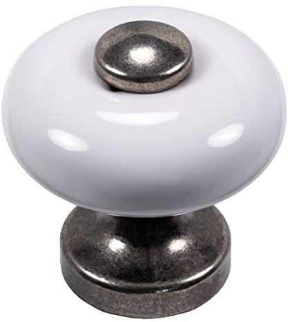 Design Türknopf Schranktür Möbelgriff Antik verzinnt - Porzellan weiß Möbelknopf Vintage - LEXL | Schrankknopf rund für Schubladen & Kommode | Knauf-Ø 30 mm | 1 Stück - Rundknopf Messing mit Schrauben
