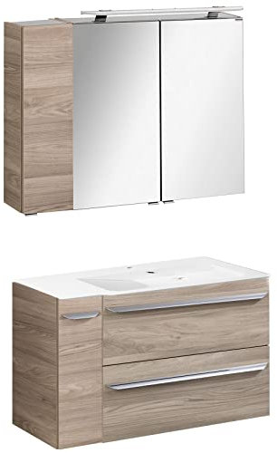 FACKELMANN hellbraunes Badmöbel Set 5-TLG. Luxor hängend breites Waschbecken 100 cm & LED Spiegelschrank