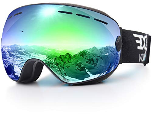 EXP VISION Snowboard Skibrille für Herren Damen Jugend, 100% UV400 Schutz Anti Beschlag über der Brille Winter Schneebrille mit sphärischer abnehmbarer Scheibe (Green)