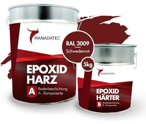 MANADATEC 2k Epoxidharz Bodenbeschichtung 5kg I Schwedenrot I Lösemittelfrei, Umweltfreundlich & Geruchsneutral I Beschichtung für Garagen- & Kellerböden I Hohe Schlagfestigkeit