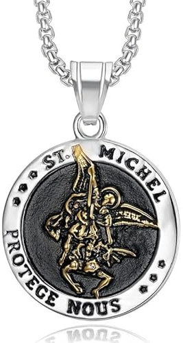 BOBIJOO JEWELRY - Pendentif Médaille Saint Michel Michael Archange Protection Acier Or Doré Plaqué Chaîne